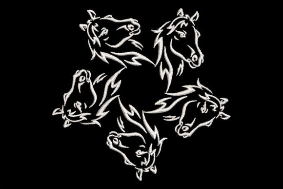 Five Horses Mandala: Elegant Single-Color Embroidery